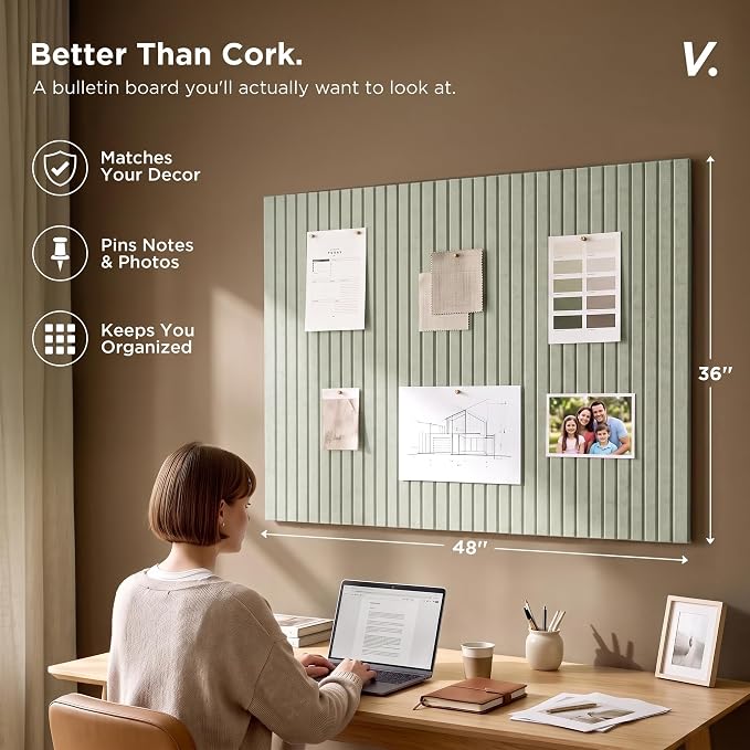 Large Felt Bulletin Board 48 x 36 Inch - 12-Pack Square Acoustic Wall Panels, Cork Board Alternative, NRC 0.95, Damage-Free Adhesive, Slatted Design for Home, Classroom (Sage)