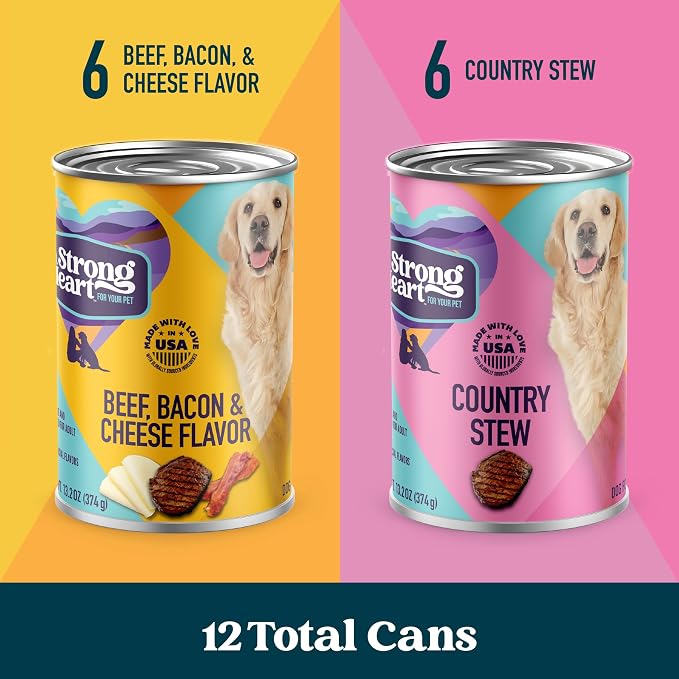 A Strong Heart Variety Pack, Beef Bacon & Cheese & Stew, 12pk | Two recipes, complete & balanced all life stages, Made in USA, 13.2oz cans