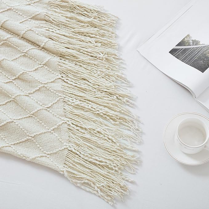 BOURINA Beige Throw Blanket 50x90 Inch Boho Knitted Soft Throw Sofa Blanket | Knitted Throw Blanket 50x90 Inches, Soft Lightweight Boho Weave Throw Decorative Couch Blanket for Living Room Bed Runner