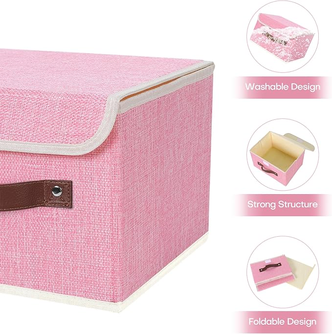 ANMINY Fabric Storage Box Bins with Lids, Pink, 10"x8"x7", 2 Pack | Keepsake Memory Storage, Cotton Linen, PP Board Reinforced, Washable, PU Handles, Foldable & Stackable, Decorative, Small