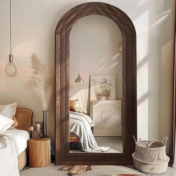 ZHUNFA Arched Full Length Mirror with Solid Wood Frame | 71x32 Farmhouse Wall Mounted Floor Mirror with Stand, Vertical Hanging, Leaning Standing for Bedroom, Living Room, Brown