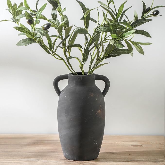 Terracotta Farmhouse Flower Vase, 9.6 Inch Ceramic Rustic Vase with 2 Handles, Decorative Vase Boho Decor for Home Decor, Table, Living Room, Shelf Decoration