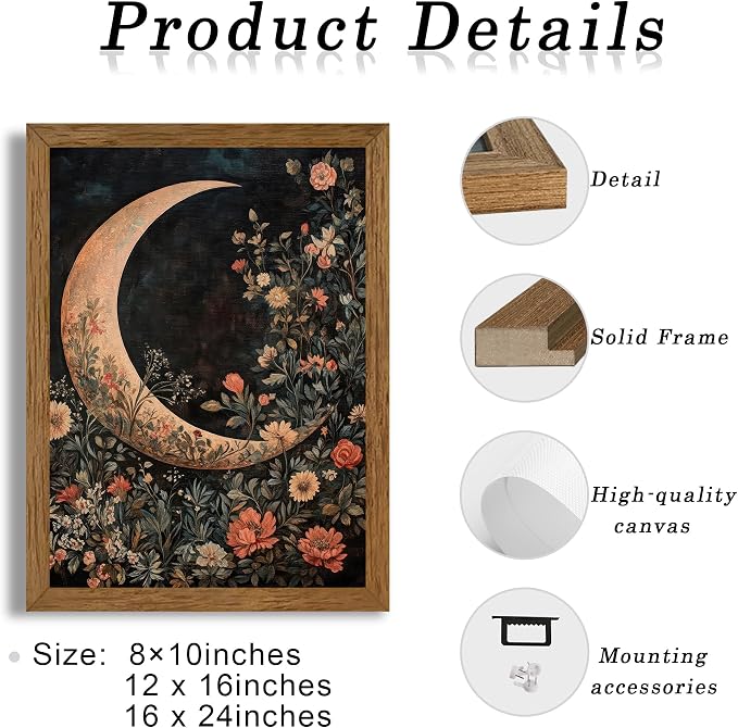 JLTULT Floral Moon Wall Art, Gothic Botanical Framed Canvas, 16 x 24 In | Dark floral moon art on fade-resistant canvas with a ready-to-hang wood frame for bedrooms, living rooms and bathrooms