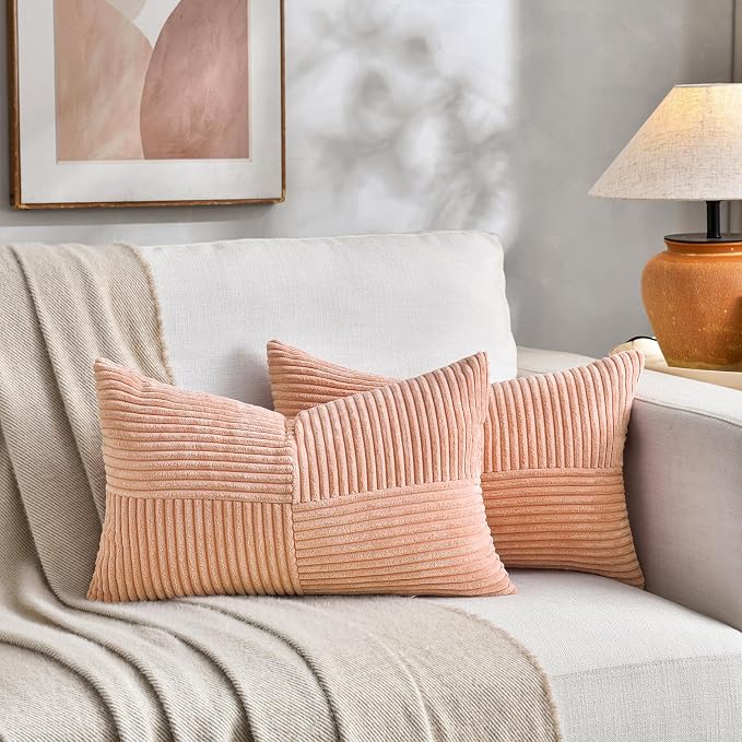 Fancy Homi Set of 1 Peach Lumbar Decorative Throw Pillow Covers 14x24 Inch for Living Room Couch Bed Sofa, Farmhouse Boho Home Decor, Soft Striped Corduroy Rectangle Accent Cushion Case 35x60 cm