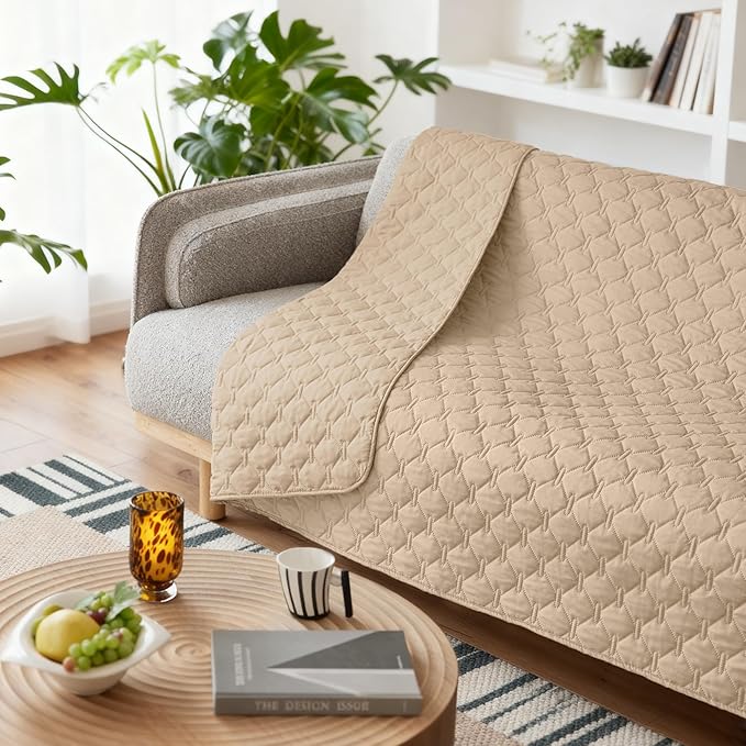 gogobunny Waterproof Dog Blankets for Large Dogs, Pet Bed Cover Breathable | Washable Pee Pads, Quilted Throw Blanket, Furniture Protector for Couch Sofa Bed Car, 82x82 Inch Dark Beige