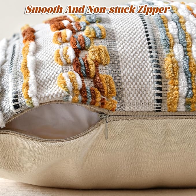 Set of 2 Chenille Striped Textured Boho Throw Pillow Covers Aesthetic with Tassels Woven Decorative Pillow Case for Couch Bed Sofa Bedroom Modern Funky 18 x 18-Inch Brown