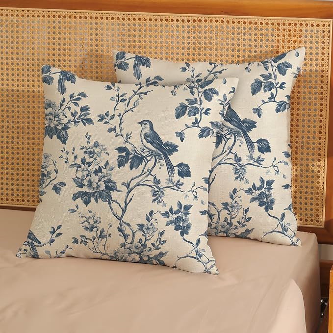 Chinoiserie Pillow Covers 18x18 Inch Set of 2 Blue Floral Bird Throw Pillows Vintage Blue Flower Decorations Pillow Cases Outdoor Chinoiserie Decor Farmhouse Linen Cushion Cover for Couch Home