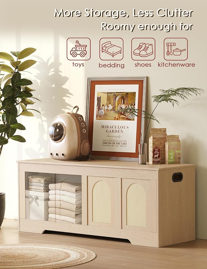 Storage Chest, Wooden Toy Box, Natural Oak 47.2" L | Entryway Shoe Bench, 2 Safety Hinges, Finger-safe Flip-Top, Easy Assembly, Farmhouse Large Trunk, Rattan, Living Room/Bedroom