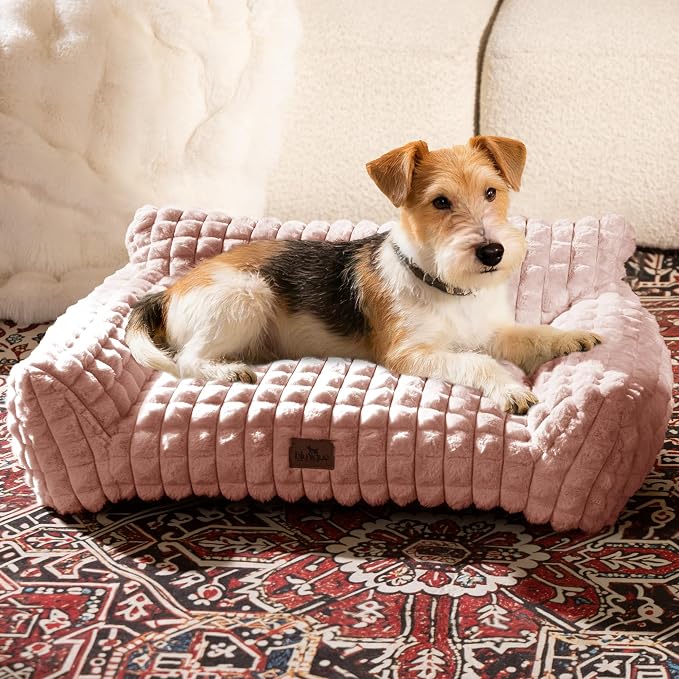 Cat Couch Bed with Fluffy Faux Rabbit Fur for Indoor Cats, 30 Inch | Cute Fuzzy Cat Sofa Recliner With Washable Cover, Suppportive Cozy Pets Couch in 3D Diamond Pattern, Pink