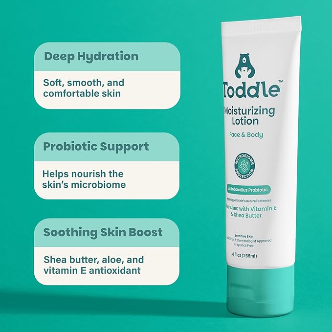 Toddle Probiotic Moisturizing Lotion for Face & Body, Eczema & Dry Skin Relief, Fragrance-Free with Vitamin E, Shea Butter for Sensitive Baby & Kids Skin, Pediatrician-Approved, 3.4oz