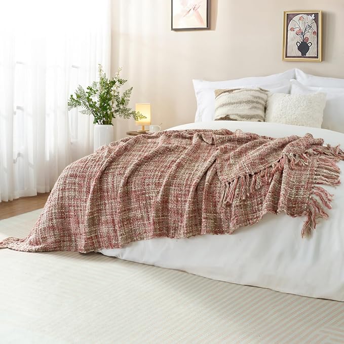 Multi-Color Cable Woven Throw Blanket for Couch - 60"X80" | Multicolored Boho Style,Super Soft Warm Cozy Chunky Blankets with Decorative Tassels for Bed and Sofa,Light Pink
