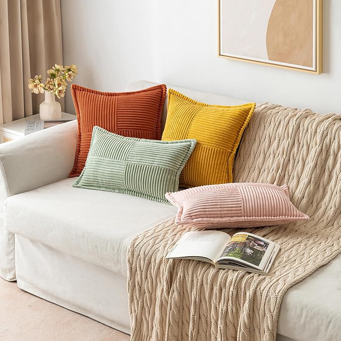 MIULEE Fall Burnt Orange Decorative Throw Pillow Covers for Couch 20x20 in | 2 Pack, Terracotta Boho Broadside Striped Patchwork Pillow Covers, Soft Corduroy Cushion Cases, For Sofa Bed Livingroom