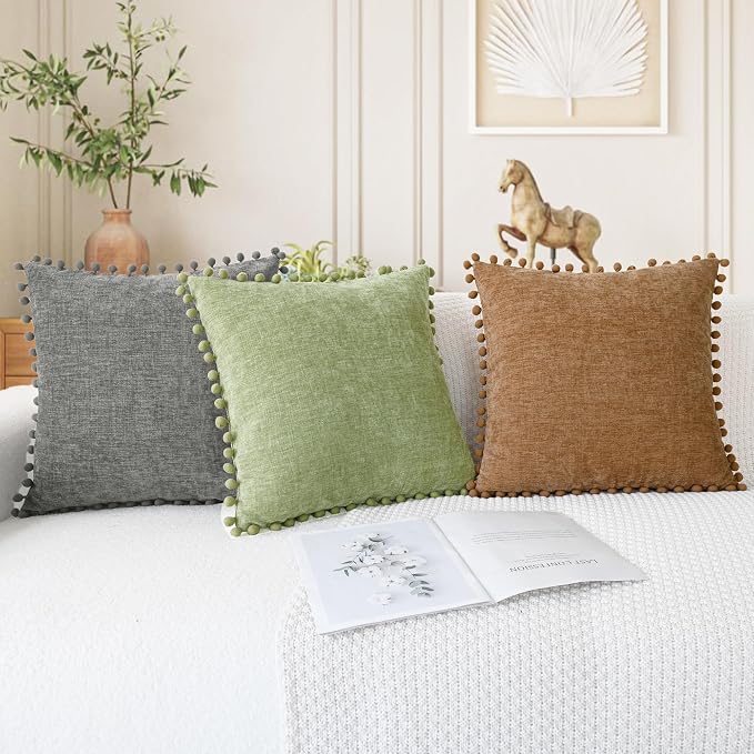 CaliTime Decorative Couch Throw Pillow Covers 22 X 22 Inches Sage | Pack of 2, Cozy Chenille Cushion Cases, with Pom Poms for Sofa Bed Living Room Farmhouse Home