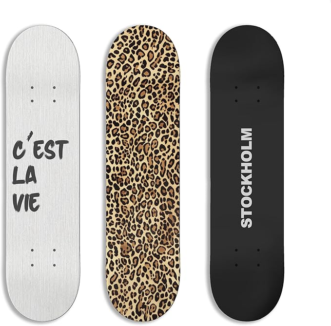 TwoDays Stockholm Style Skateboard Wall Decor - Modern Wall Mount Art Set for Men's Apartment & Dorm, Cool Cheetah Print Skate Deck, Trendy Skater Room Design (Set of 3)