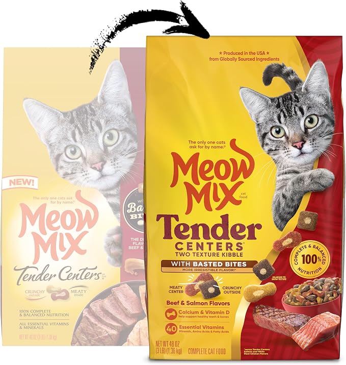 Meow Mix Tender Centers, Dry Cat Food, Beef & Salmon Flavors, 4 Bags | 3-lb bags, two texture kibble, meaty center surrounded by a crunchy outer layer, basted bites for irresistible flavor