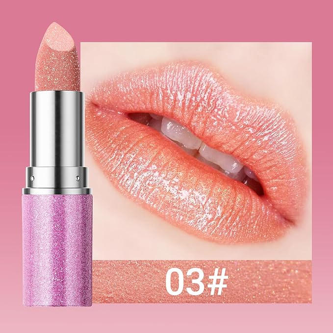 Erinde Glitter Shine Lipstick, Pearl Diamond Shimmery Creamy Lipcolor, Hydrating Glimmer Finish Lipsticks with Creamy Texture, Long Lasting High Pigmented Metallic Lip Stick Lip Stain, 03 Rose Gold