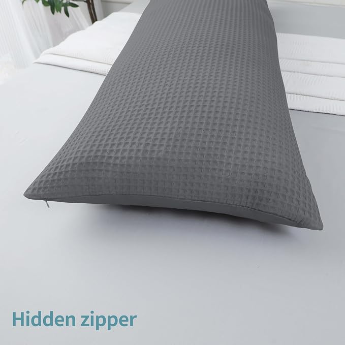 100% Egyptian Cotton 600 TC Waffle Weave Body Pillowcase with Zipper | 1 Pack Ultra Soft Breathable Pillow Cover, Skin-Friendly Bed Pillow Sham, Body Pillow Case Cover, Dark Grey, 20" x 54"