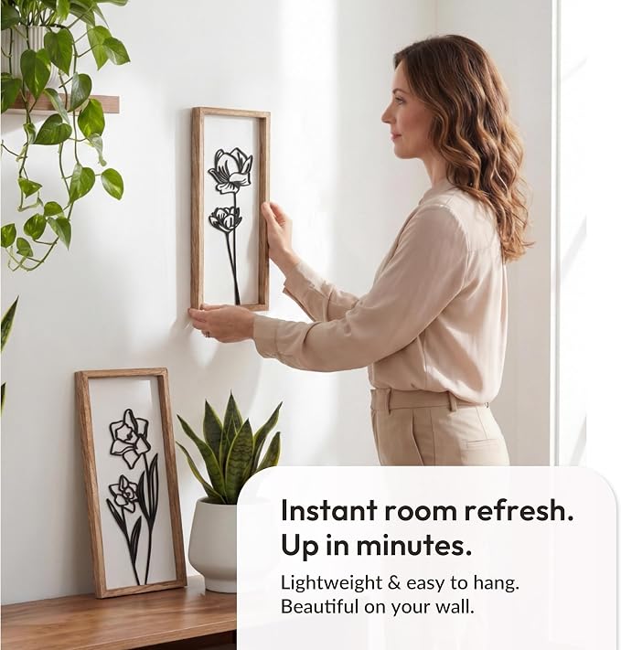 3D Black and White Wall Art (Set of 2) Lightweight, Wooden Ready-to-Hang Framed Floral Wall Art for Bathroom, Bedroom, Living Room or Office – Boho Botanical Farmhouse Decor – Gift-Boxed