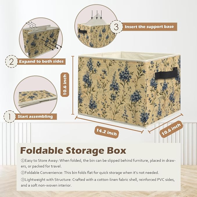 Vintage Blue Floral Storage Box Bins, Rustic Cottagecore Botanical Flower Collapsible Storage Basket Organizer for Bedroom Laundry Room Home Clothes Books, Decor for Room