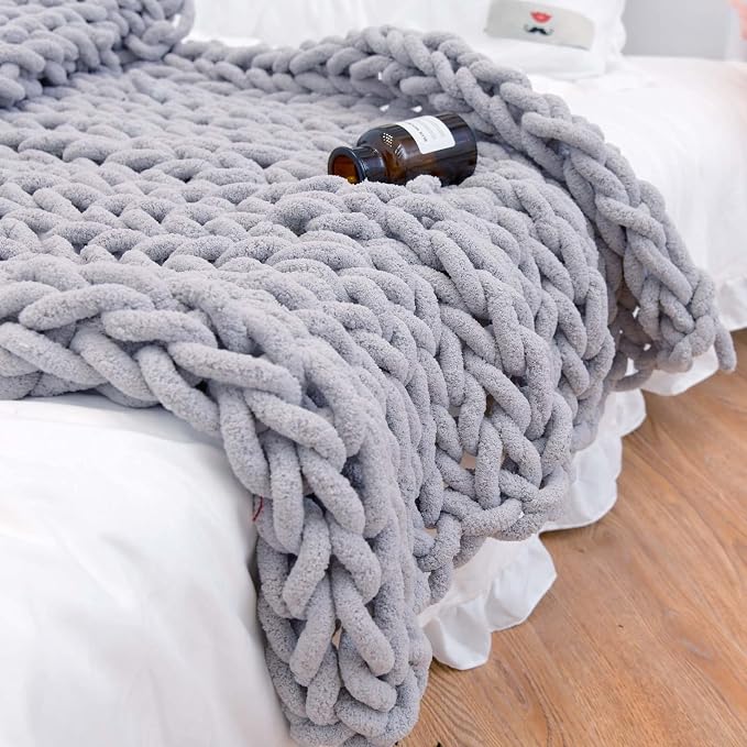 Soft Chunky Knit Throw Blanket for Couch, Cozy Warm Knitted Blankets | Hand Knit with Jumbo Chenille, Lightweight Warm Fluffy Decor for Women, Mom, Her & Girls, Sofa, Chair, Bed, 48"x71" (Gray)