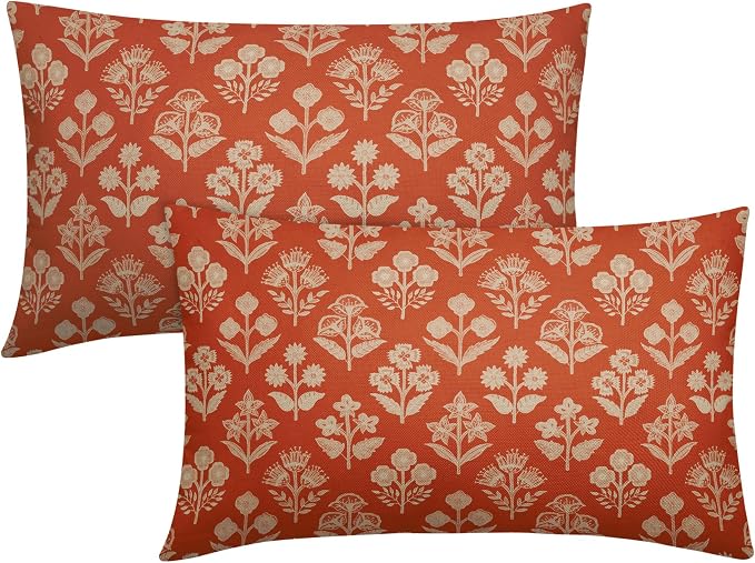 Dark Orange Pillow Covers 12x20 Inch Set of 2, Cream Floral Block Print Pattern Lumbar Decorative Throw Pillowcases Outdoor Farmhouse Rectangle Cushion Covers Spring Summer Sofa Couch Bed Decor