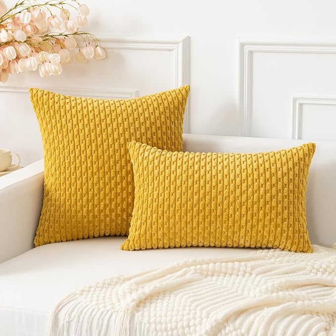 Kevin Textile Soft Corduroy 16"x24" Pillow Cover 1 Pack, Mustard Yellow | Boho Stripe Plush Corduroy Decorative Oblong Cushion Cover Modern Farmhouse Home Decor for Sofa Couch Bed Chair