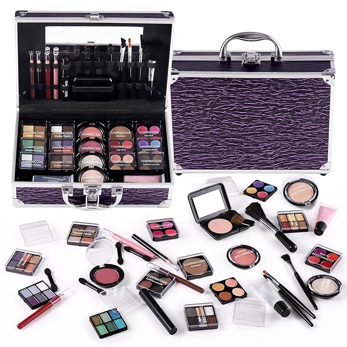 Makeup Kit for Teen Girls & Women Full Kit, Beauty Train Case with Starter Cosmetic Set, Make Up Valentine Gift Box with Eyeshadow,Lipgloss,Highlighter,Blush,Lip&Eye Pencils,Brush & More(Purple)