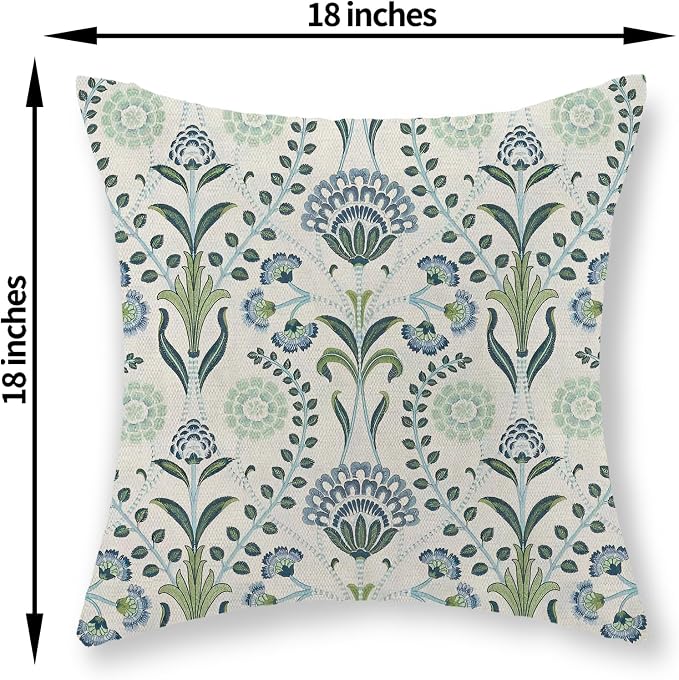 Blue Green Pillow Covers 18x18 Inch Set of 2 Boho Floral Decor Throw Pillows Vintage Block Print Flower Outdoor Linen Decorations Pillowcase Linen Cushion Cover for Couch