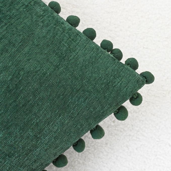 CaliTime Decorative Couch Throw Pillow Covers 18 X 18 Inches Dark Green | Pack of 2, Cozy Chenille Cushion Cases, with Pom Poms for Sofa Bed Living Room Farmhouse Home
