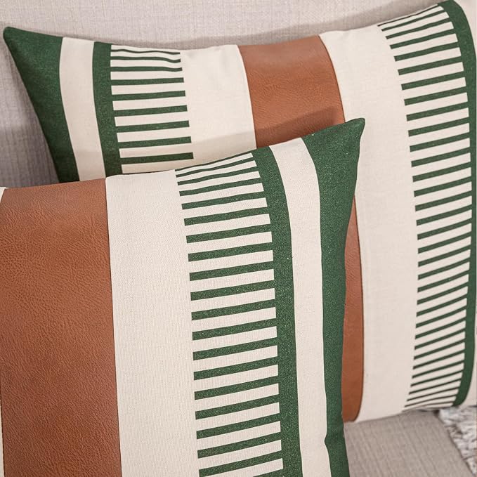 2 Pack 20x20 Pillow Covers - Brown Faux Leather & Olive Green Striped Soft Cotton, Same Pattern Both Sides | for Couch Sofa Bed, Farmhouse Industrial Decor