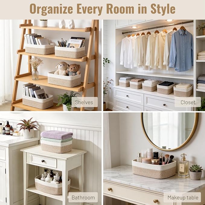 5 Pack Small Woven Storage Baskets for Shelves, Gift Baskets Empty | 11.8"x7.9"x4.7", Decorative Cotton Rope Baskets Organizer, Storage Bins for Organizing Bathroom, Closet, Nursery, Khaki/White