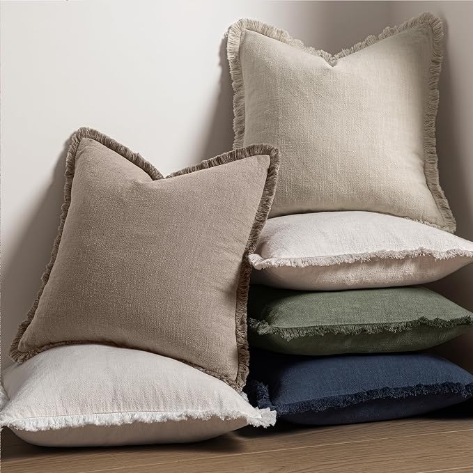 MIULEE Boho Linen Fringe Decorative Fall Throw Pillow Covers Dune 20x20 | Set of 2, Cottagecore Decor, Boho Farmhouse Neutral Pillow Covers, Rustic Fall Couch Cushion Cases for Sofa Bed Living Room