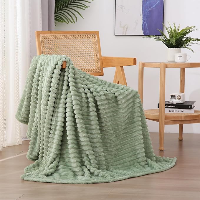 Sage Green Fleece Throw Blanket 60”×80” for Couch Sofa Livingroom | Super Soft Cozy Plush Microfiber Flannel Bed Blanket Striped Design Lightweight Home Decor Gifts for Adults Mom Women