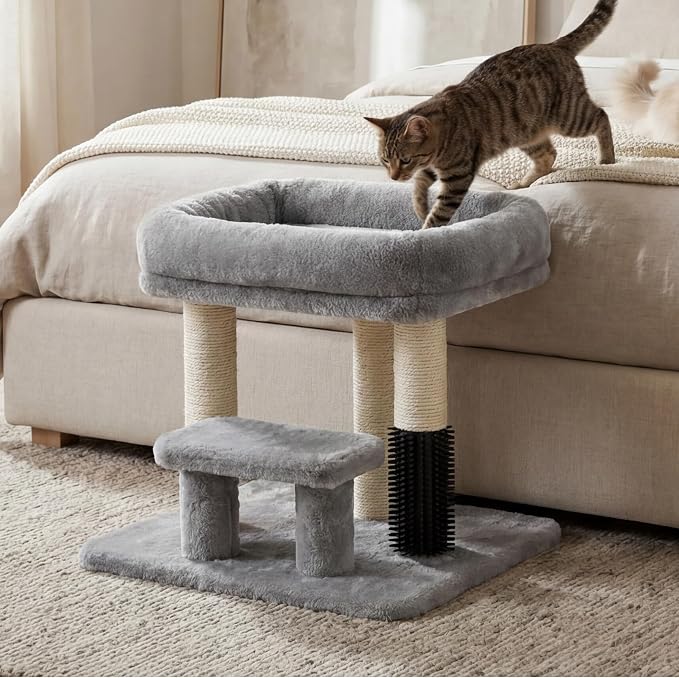 Heybly Cat Scratching Post with Grooming Brush & Gentle Step, HSP001SW | Small Cat Tree with 4 Full Sisal Posts, Removable Plush Bed, Stable & Space-Saving Cat Furniture for Indoor Cats, Light Gray