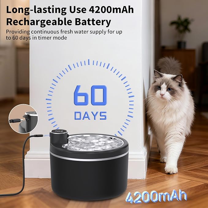 Cat Water Fountain Cordless, 108oz/3L Pet Fountains for Cats Indoor with Stainless Steel Tray, Battery Operated Cat Drinking Fountain with Motion Sens
