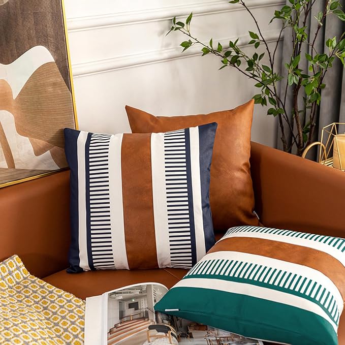 Farmhouse Throw Pillow Covers for Couch Sofa Decorative Faux Leather Square Cushion Cover Tribal Stripe Accent Pillow Case 18 x 18 Inch, Navy Blue