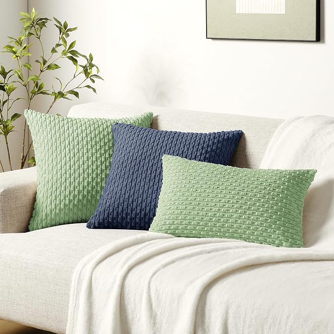 Softalker Corduroy Decorative Throw Pillow Covers 18x18, 2 Pack, Sage Green | Soft Boho Striped Pillow Cases, Couch Fluffy Cushion Covers for Farmhouse Home Decor Bed Living Room