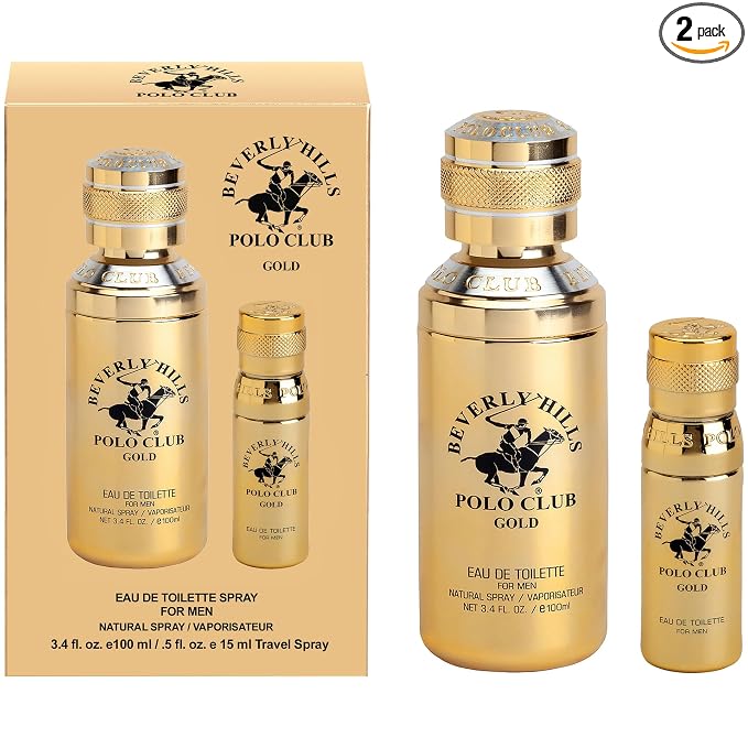 Beverly Hills Polo Club Gold Men's Eau De Toilette Cologne Bonus Pack - Captivating, Long-Lasting Fragrance for Him - 3.4oz Full Size + 0.5oz Travel Spray Set