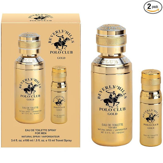 Beverly Hills Polo Club Gold Men's Eau De Toilette Cologne Bonus Pack - Captivating, Long-Lasting Fragrance for Him - 3.4oz Full Size + 0.5oz Travel Spray Set