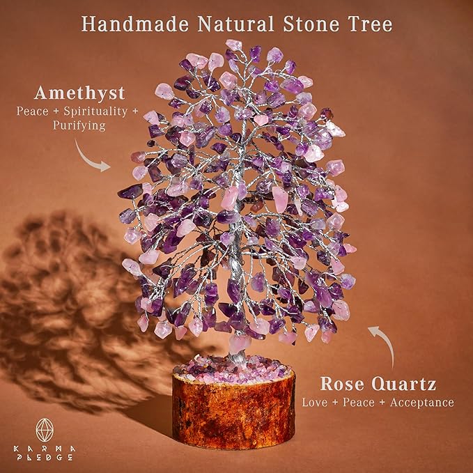 Healing Crystal Tree of Life for Birthday Gifts for Women, Mom, Sister, Friends Brings Good Luck, Money, Positivity, Reiki Healing, Handmade Feng Shui Boho Decor for Home & Office - Rose, Amethyst