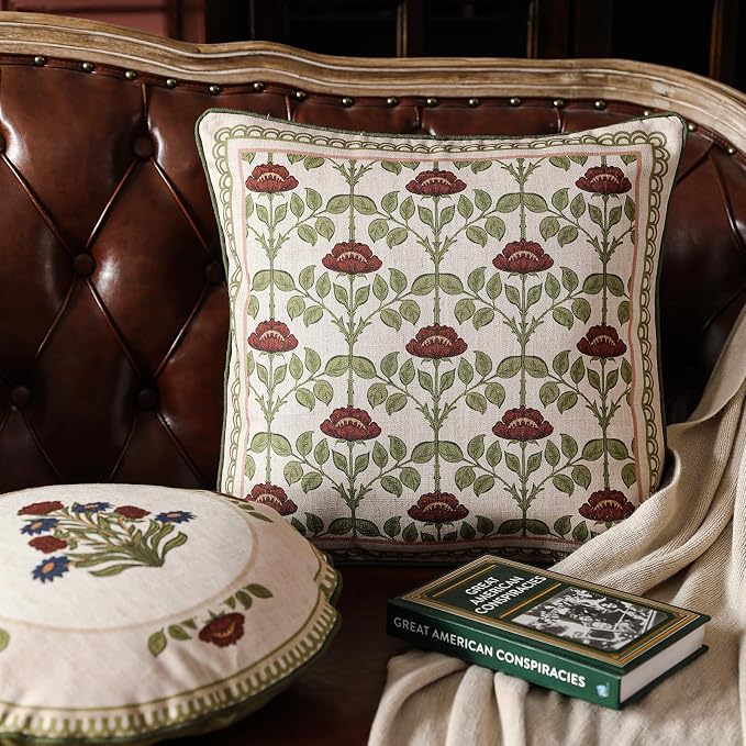Elegant French Linen Throw Pillow Cover,Set of 2,18"x18"-Estonia D | Designer Vintage Square Pillow Cover,Concealed Zipper Design,Floral Pattern,Sofas,Bedroom,Living Room,Lounge Chairs