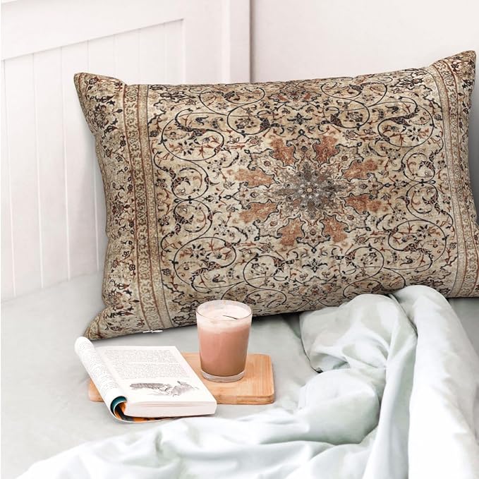 Silk Esfahan Persian Carpet Print Pillow Covers Decorative Lumbar Throw Pillowcase 12x20 Inch Couch Cushion Cover for Home Decor Living Room Bedroom College Dorm Bed Car Sofa
