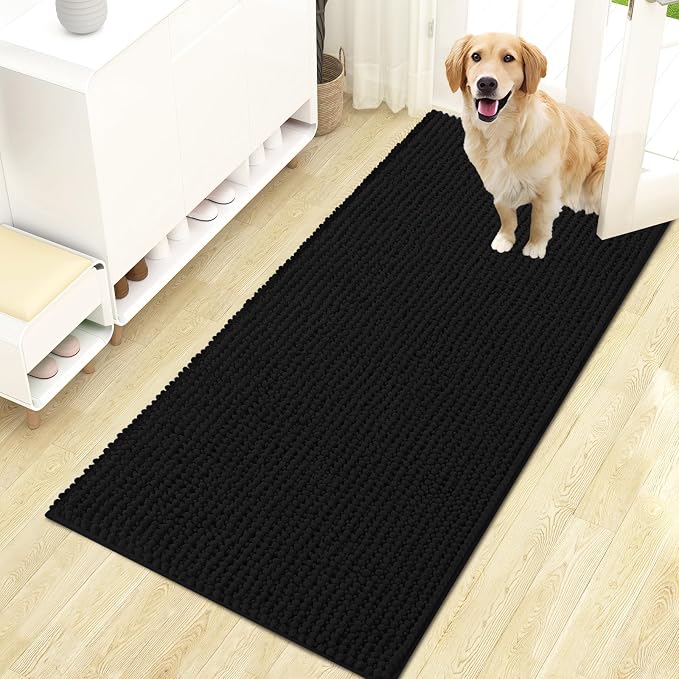 OLANLY Dog Door Mat for Muddy Paws 47x24, Extra Absorbent Chenille Mud Mat | Black, Absorbs Moisture and Dirt, Non-Slip Machine Washable Doormat, Quick-Drying Indoor Entryway Floor Mat for Dogs