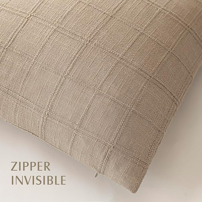 Foindtower Set of 2 Decorative Linen Check Throw Pillow Covers Neutral Farmhouse Vintage Cushion Covers Modern Coastal Boho Home Decor for Sofa Chair Couch Bedroom Living Room,20×20 Inch,Camel