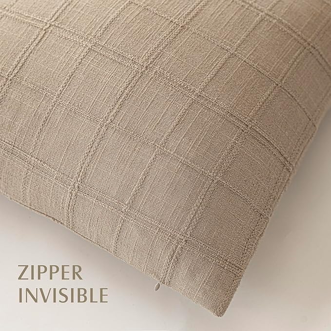 Foindtower Set of 2 Decorative Linen Check Throw Pillow Covers Neutral Farmhouse Lumbar Cushion Covers Modern Coastal Boho Home Decor for Sofa Chair Couch Bedroom Living Room,12×24 Inch,Camel