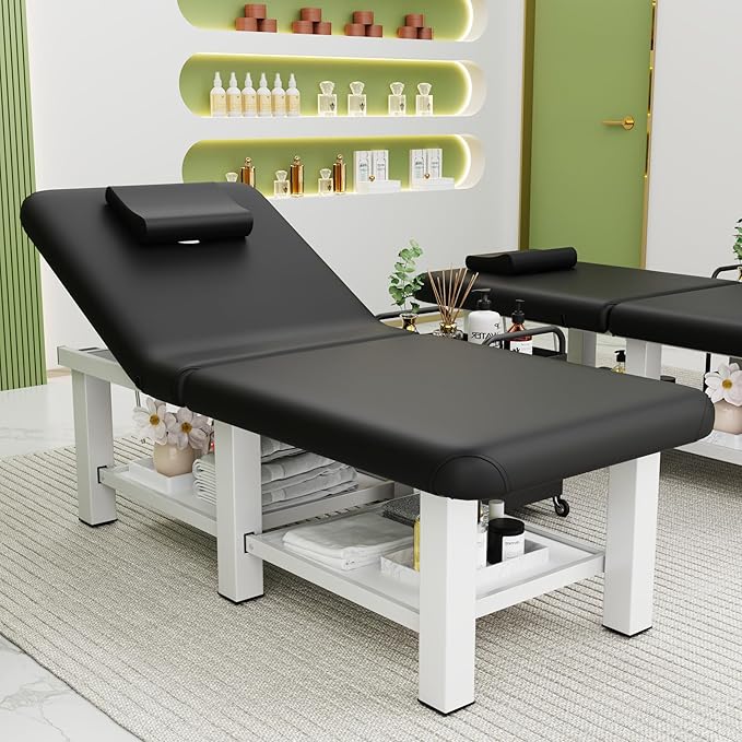 pouseayar Stationary Massage Table Folding Bed with Backrest for Treatment Table Physical Therapy Table Spa Facial Bed, Metal Frame PU Leather, 30.5'' Wide × 75'' Long - Black
