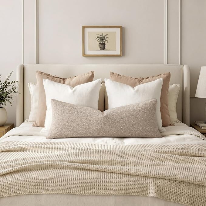 MIULEE Textured Boucle Lumbar Pillow Cover for Bed 14x36 Neutral | Pack of 1 Textured Neutral Couch Throw Pillow Cover, Accent Solid Long Body Pillowcase, Sofa Living Room Home Decor