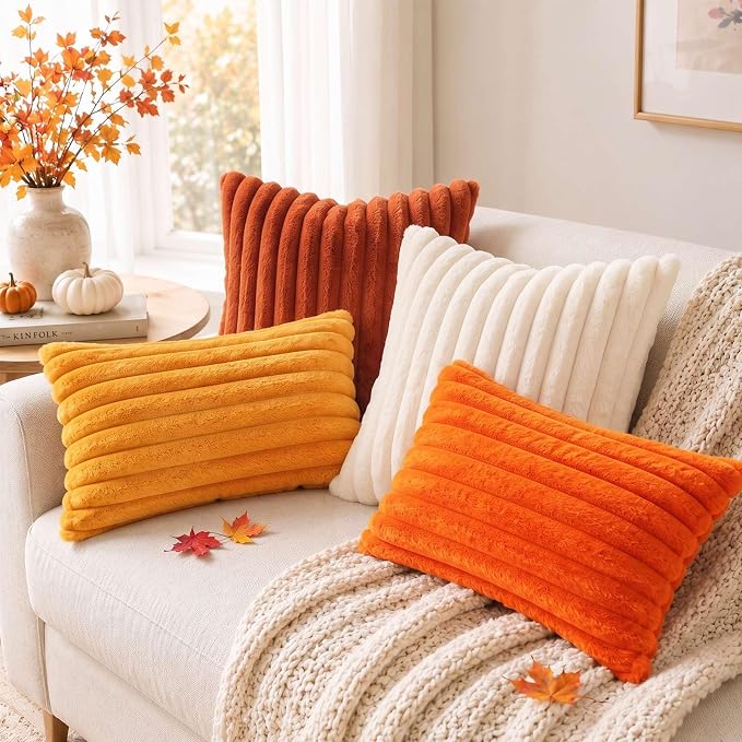Pallene Faux Fur Fall Decorative Throw Pillow Covers 22x22 Set of 2, Rust | Luxury Plush Texture, Striped Design, Cozy Soft Touch, Modern Home Accent Decor for Couch, Sofa, Bed, Living Room
