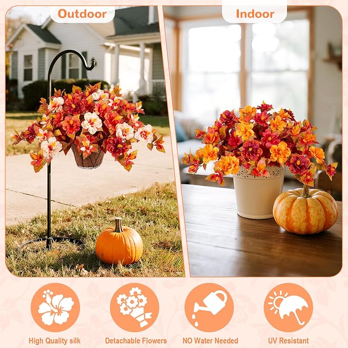 Artificial Fake Fall Hanging Flowers with Basket for Outdoors Decoration | 3PCS Faux Flowers for Outside Planters UV Resistant No Fade Silk Hibiscus for Home Porch Patio Garden Balcony Yard Decor