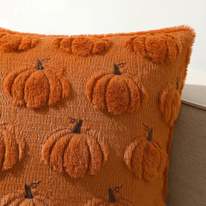 Fall Throw Pillow Covers 12x20 Set of 2 Rust Pumpkin Lumbar Covers | Double sided plush comfort with raised pumpkin embroidery, designed for living beds, armchairs, and cozy fall home decor.